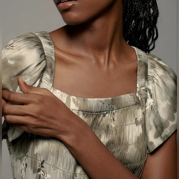 By Anthropologie Women's Flutter-Sleeve Square-Neck Mini Dress, Green Motif, MED - Picture 5 of 11